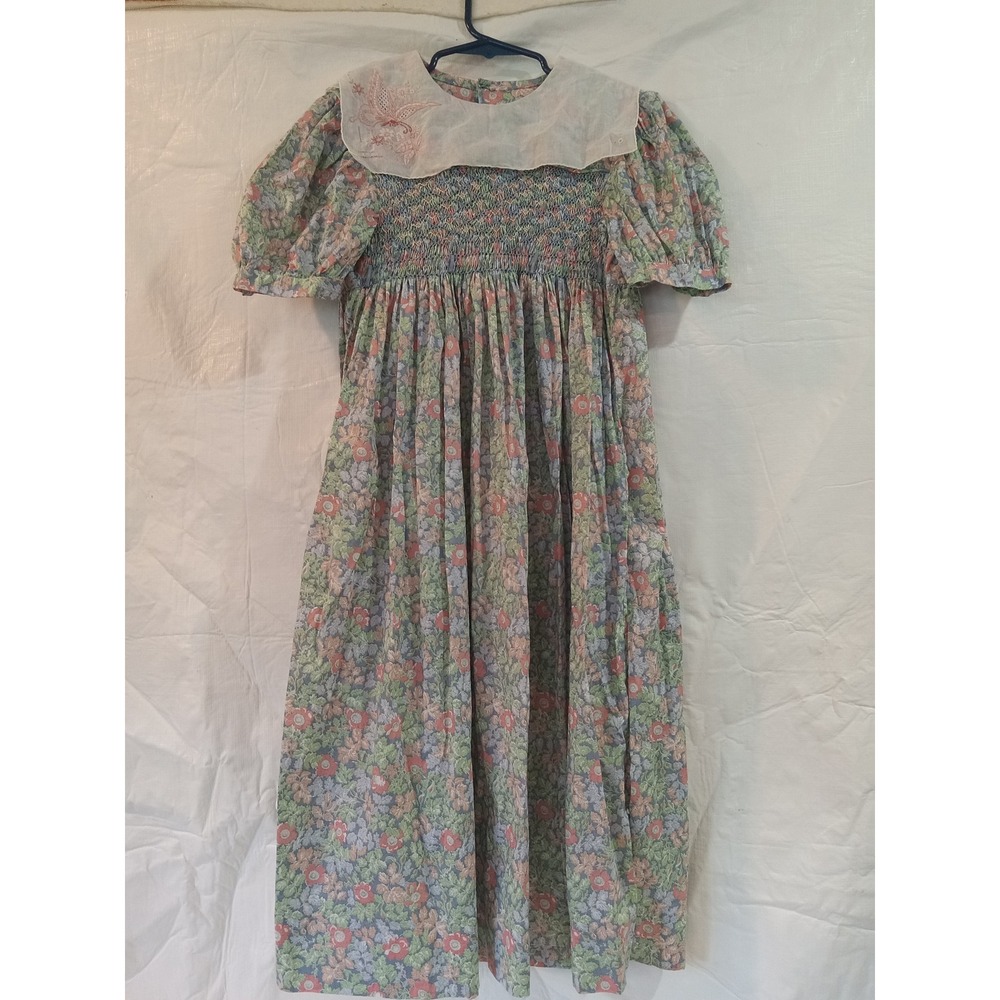 Vintage Handmade Floral Smocked Midi Dress Butterfly Collar Cottagecore